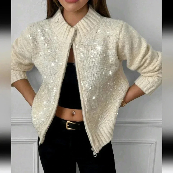 2024 New Women's Fashion Sequin Knit Zip-Up Cardigan, Long Sleeve - Picture 6 of 6